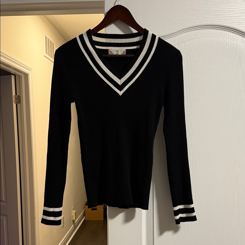 Black V-Neck Sweater with White Stripes